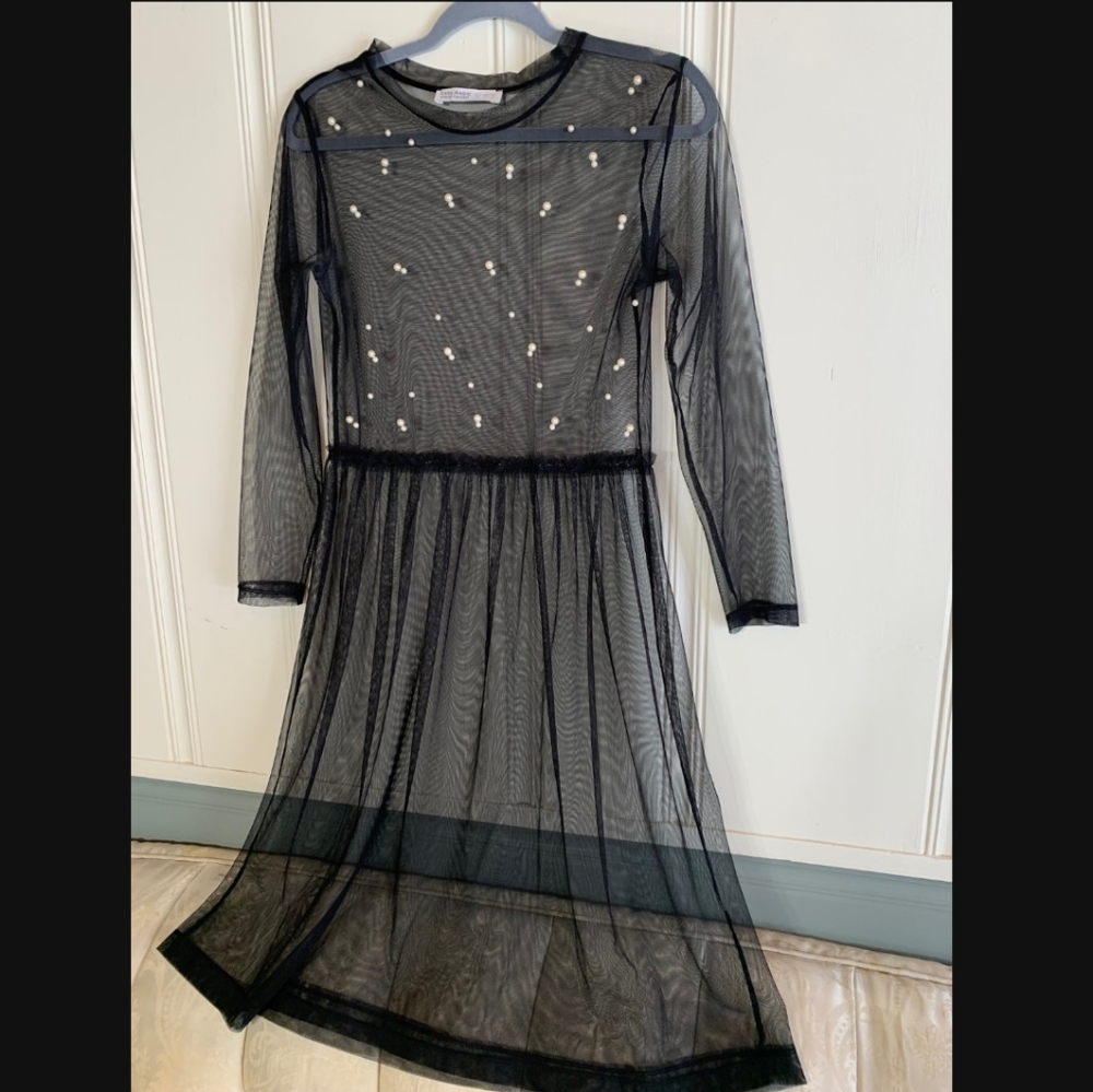 ZARA Black Tulle Mesh Dress with Pearl Details